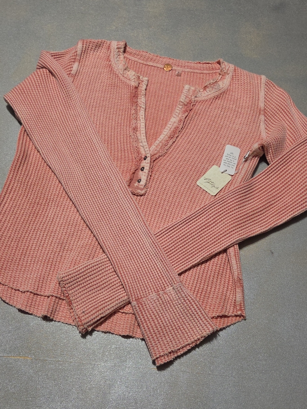 Free People Blush Pink Waffle-Knit V-Neck Henley Sweater
